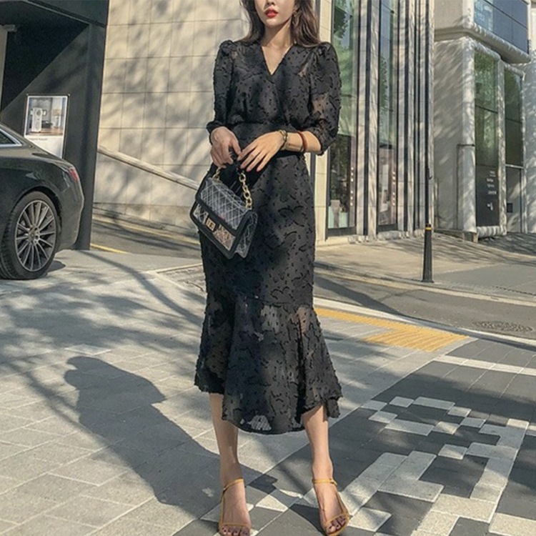 シースルーシフォン マーメイドライン ブラックワンピース