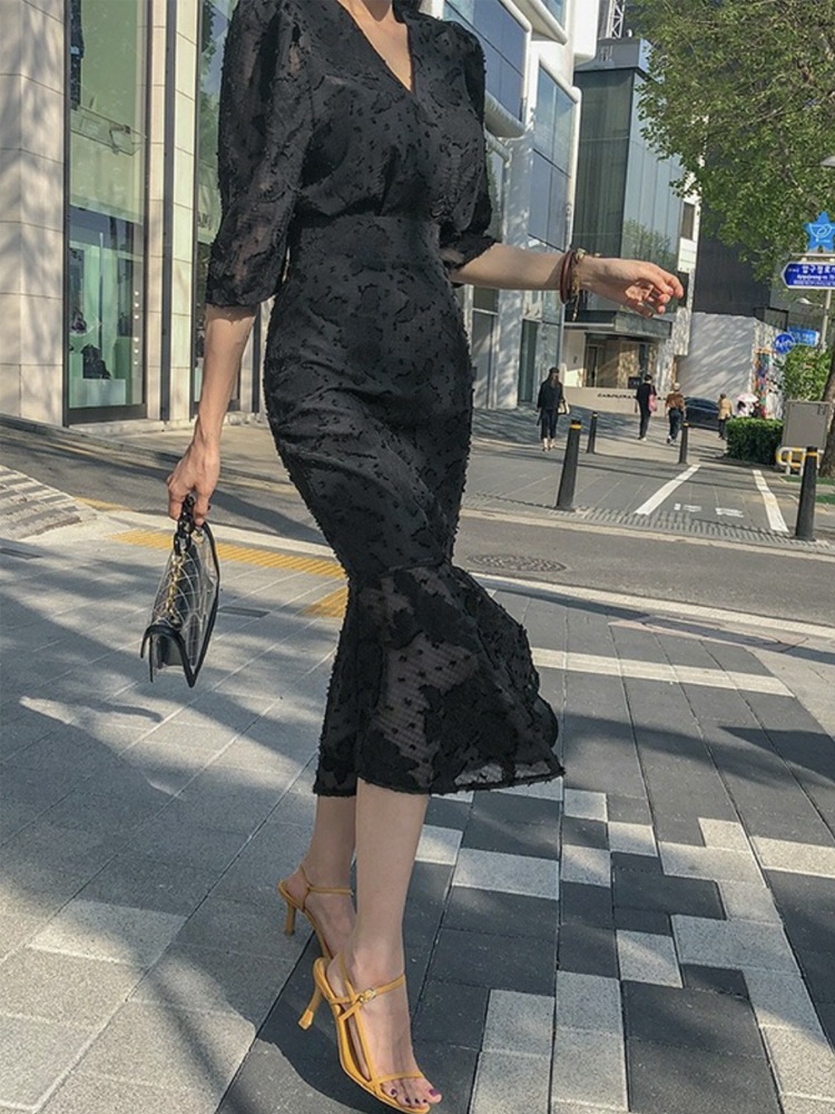 シースルーシフォン マーメイドライン ブラックワンピース