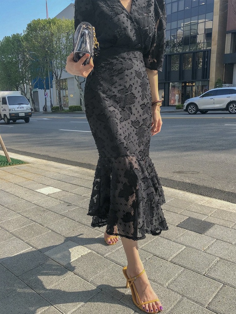 シースルーシフォン マーメイドライン ブラックワンピース