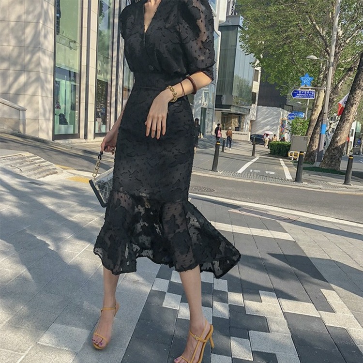 シースルーシフォン マーメイドライン ブラックワンピース