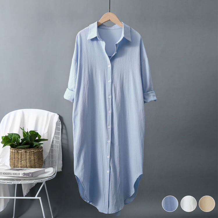 シンプル 長袖 セミロング丈 シャツワンピース