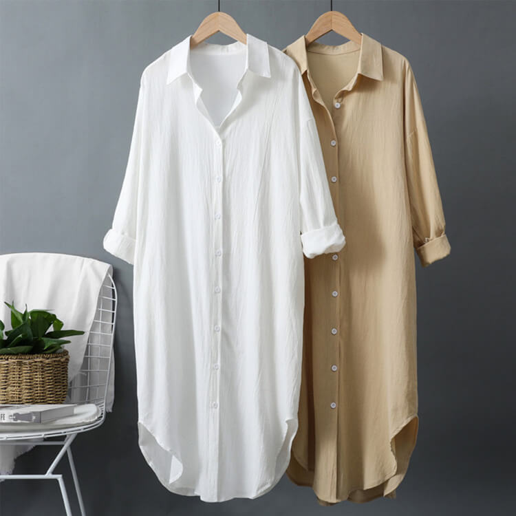 シンプル 長袖 セミロング丈 シャツワンピース