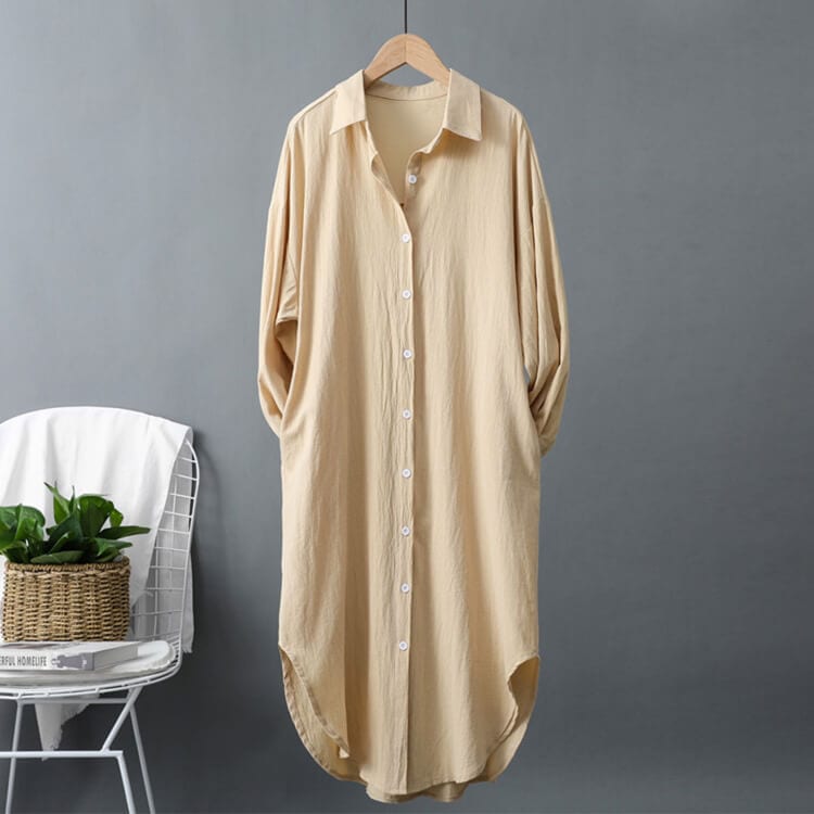 シンプル 長袖 セミロング丈 シャツワンピース