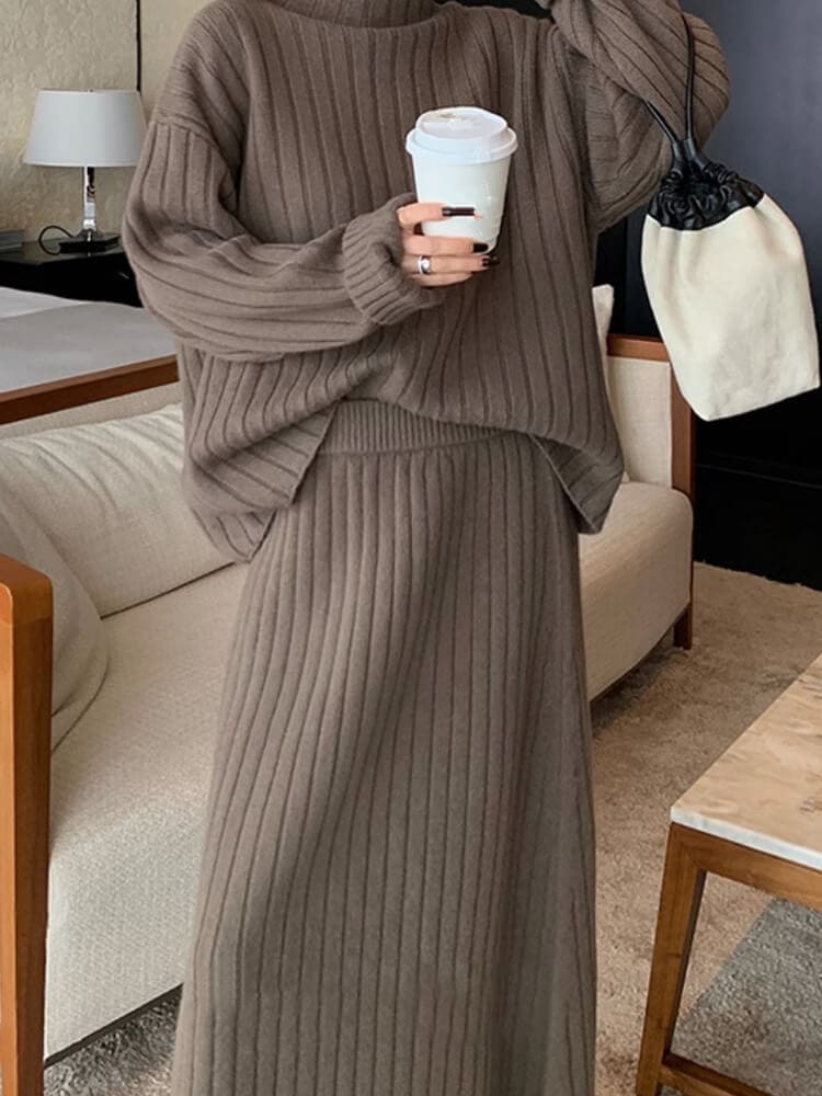 ゆったり モックネックニット ミモレ丈スカート セットアップ