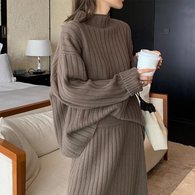 ゆったり モックネックニット ミモレ丈スカート セットアップ