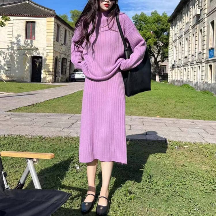 ゆったり モックネックニット ミモレ丈スカート セットアップ