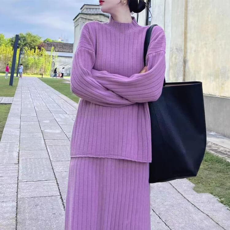 ゆったり モックネックニット ミモレ丈スカート セットアップ