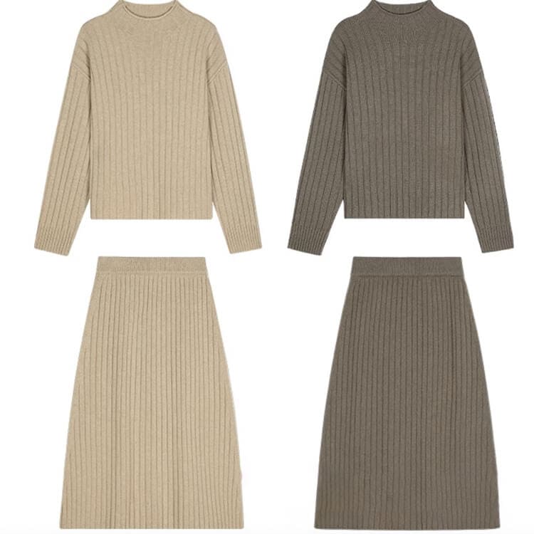 ゆったり モックネックニット ミモレ丈スカート セットアップ