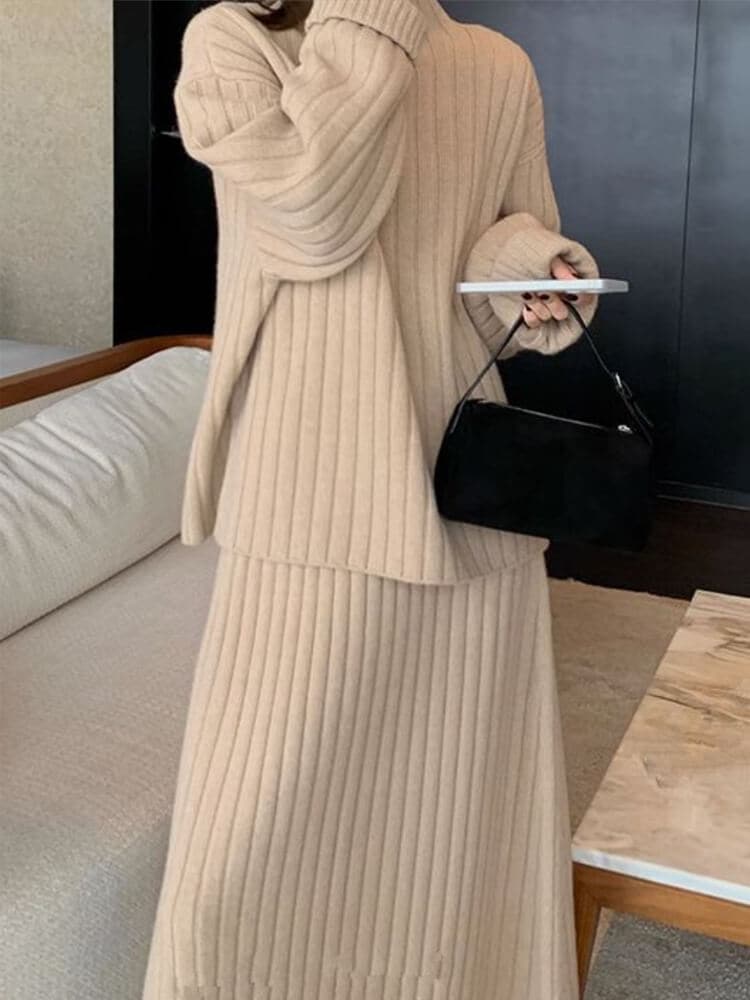 ゆったり モックネックニット ミモレ丈スカート セットアップ