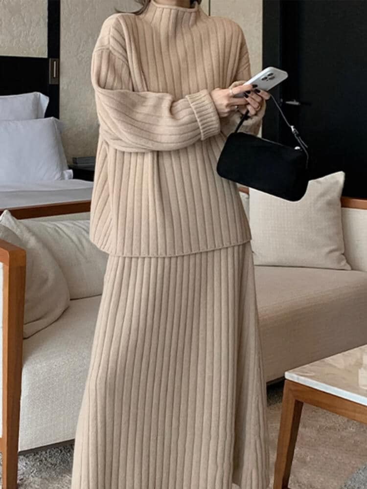 ゆったり モックネックニット ミモレ丈スカート セットアップ