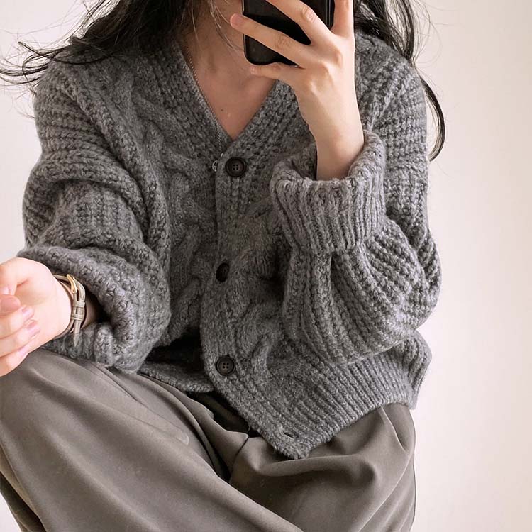 きれい色 ケーブル編み 切り替え ニットカーディガン