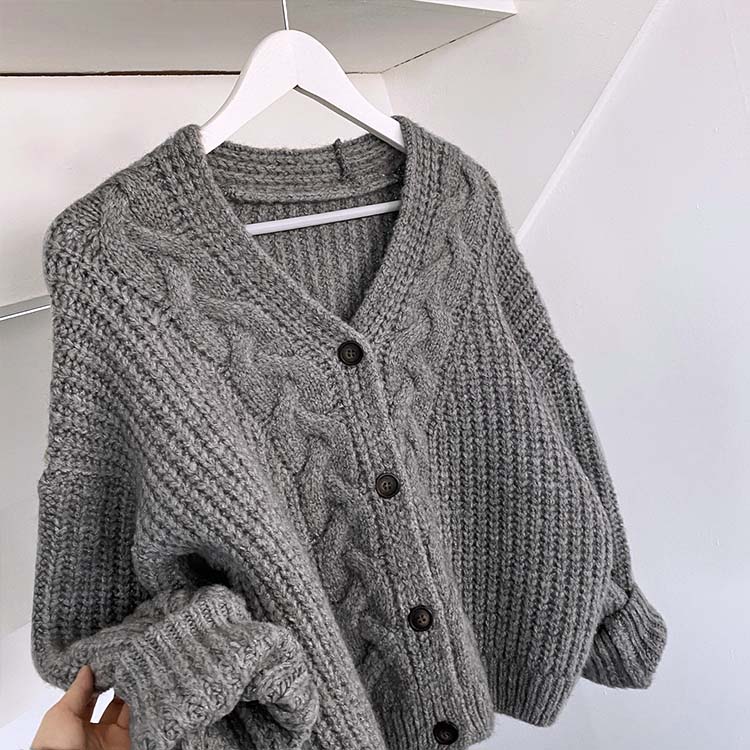 きれい色 ケーブル編み 切り替え ニットカーディガン