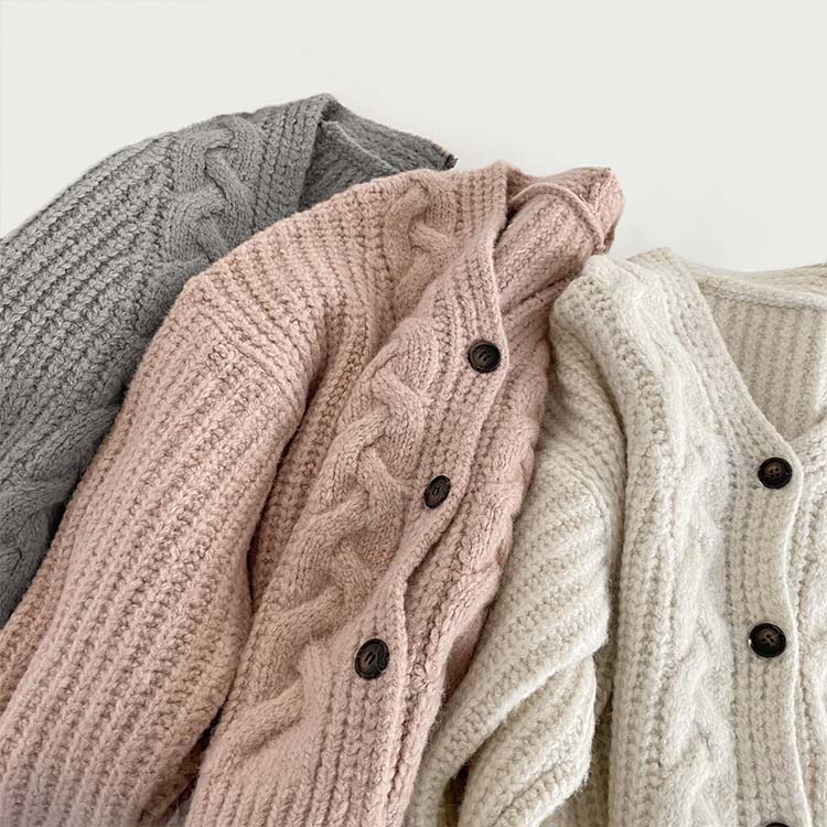 きれい色 ケーブル編み 切り替え ニットカーディガン