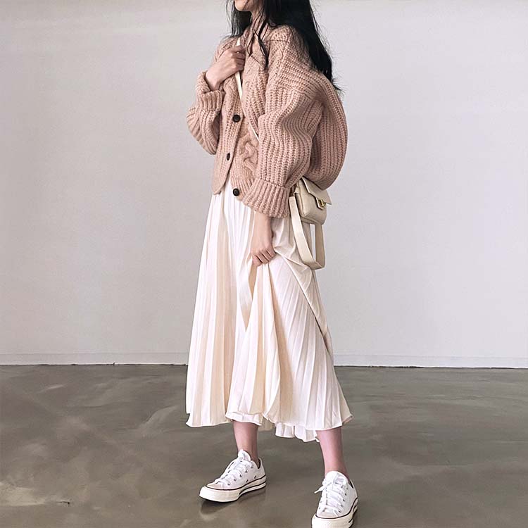 きれい色 ケーブル編み 切り替え ニットカーディガン