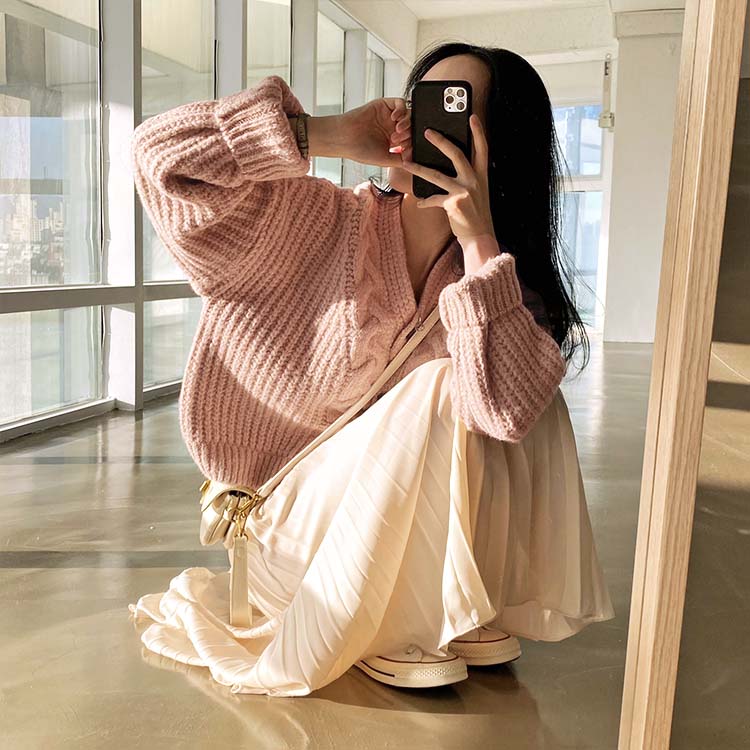 きれい色 ケーブル編み 切り替え ニットカーディガン