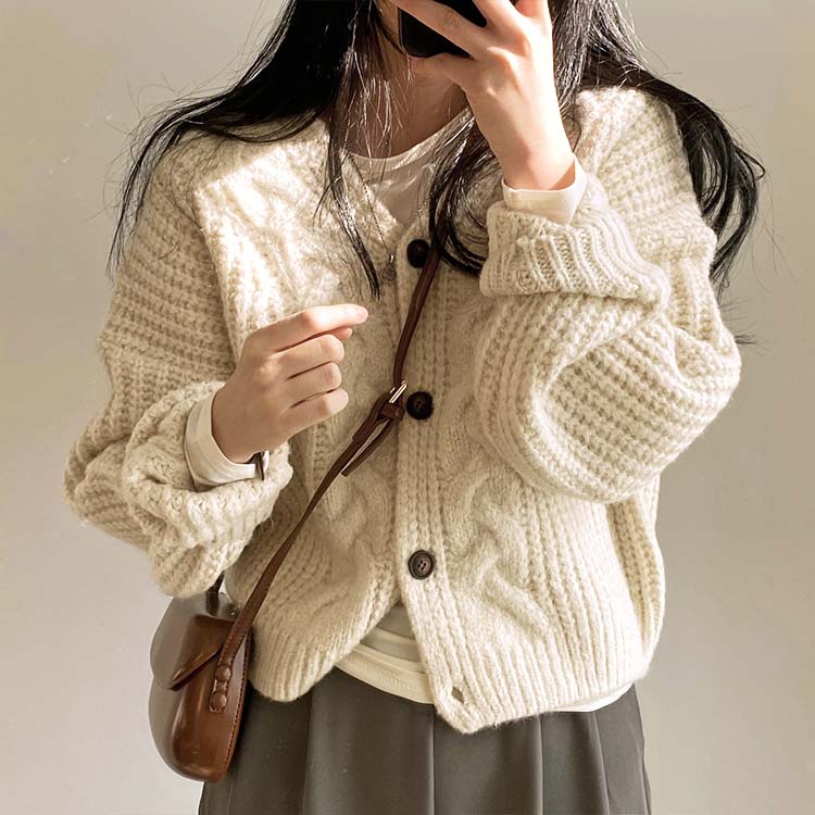 きれい色 ケーブル編み 切り替え ニットカーディガン