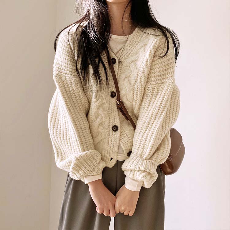 きれい色 ケーブル編み 切り替え ニットカーディガン