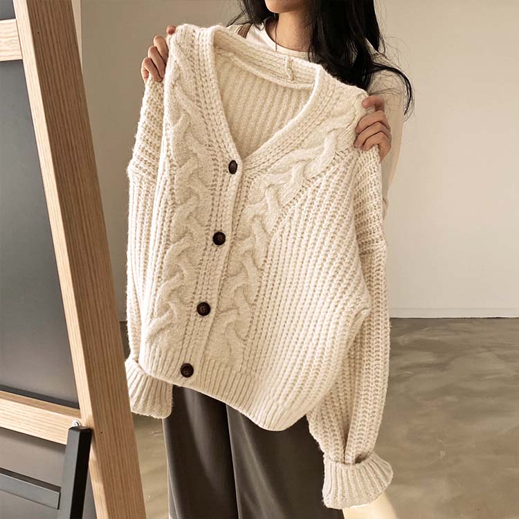 きれい色 ケーブル編み 切り替え ニットカーディガン