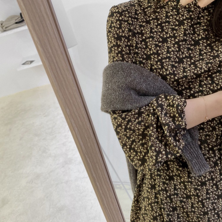 小花柄 ハイネック ロングワンピース