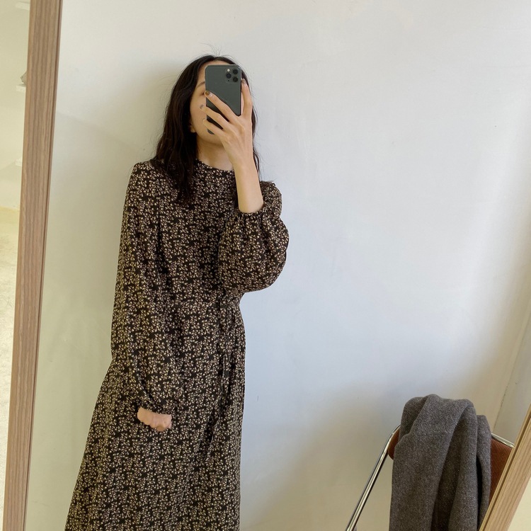 小花柄 ハイネック ロングワンピース