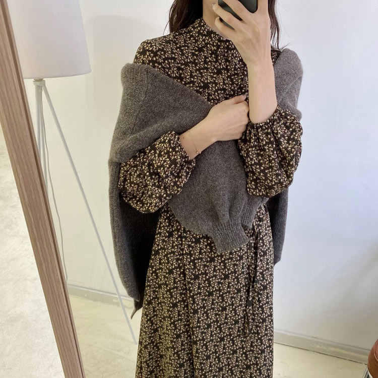 小花柄 ハイネック ロングワンピース