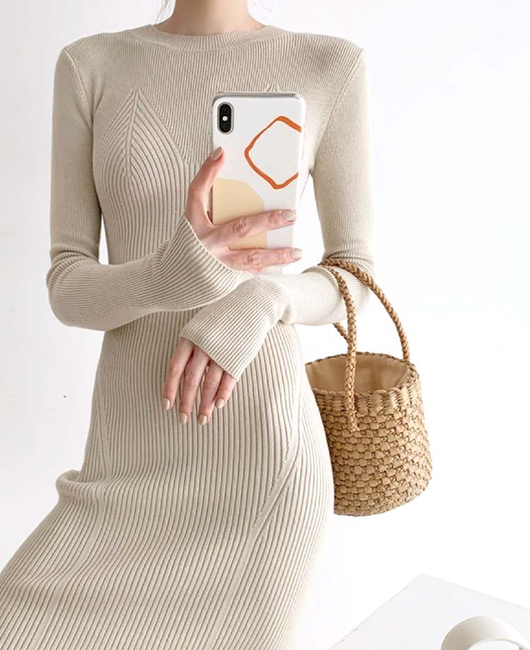 リブ編み 切り替え タイト ニットワンピース