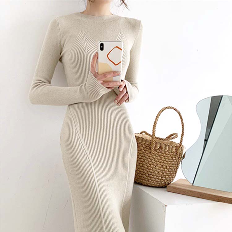 リブ編み 切り替え タイト ニットワンピース