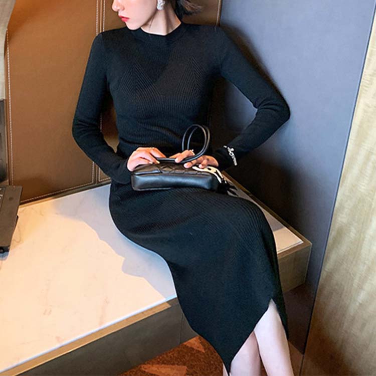 リブ編み 切り替え タイト ニットワンピース