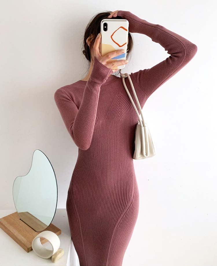 リブ編み 切り替え タイト ニットワンピース