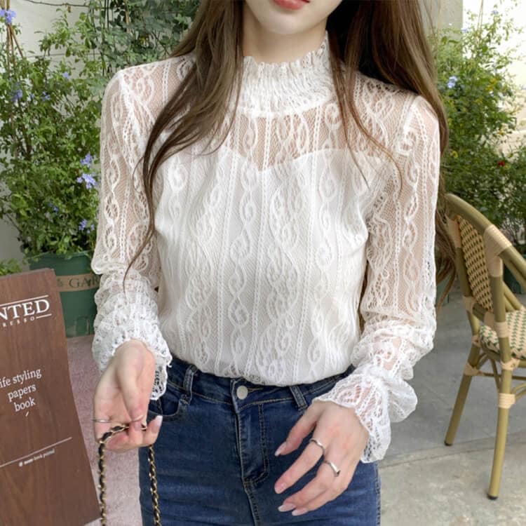 ハイネック 長袖 レース ブラウス