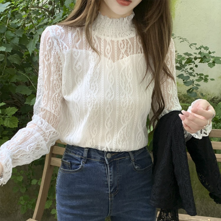 ハイネック 長袖 レース ブラウス