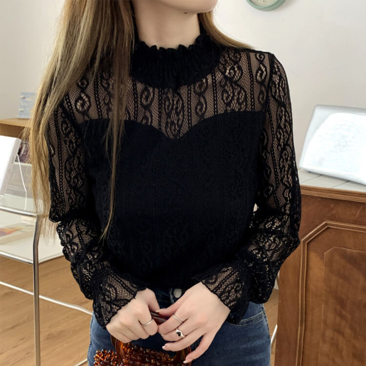 ハイネック 長袖 レース ブラウス