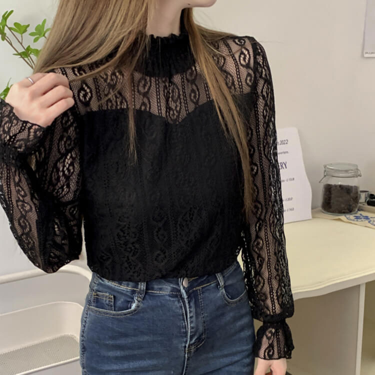 ハイネック 長袖 レース ブラウス