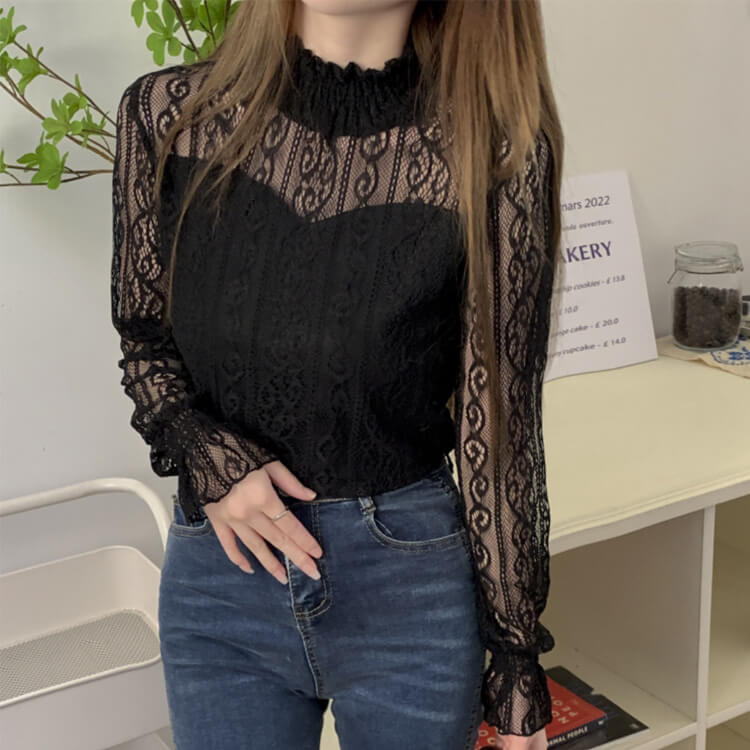 ハイネック 長袖 レース ブラウス