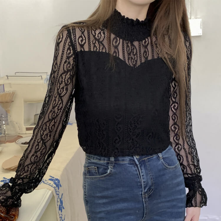 ハイネック 長袖 レース ブラウス