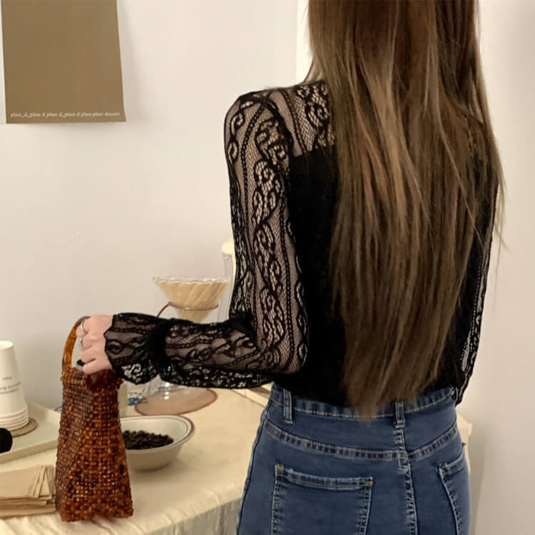 ハイネック 長袖 レース ブラウス