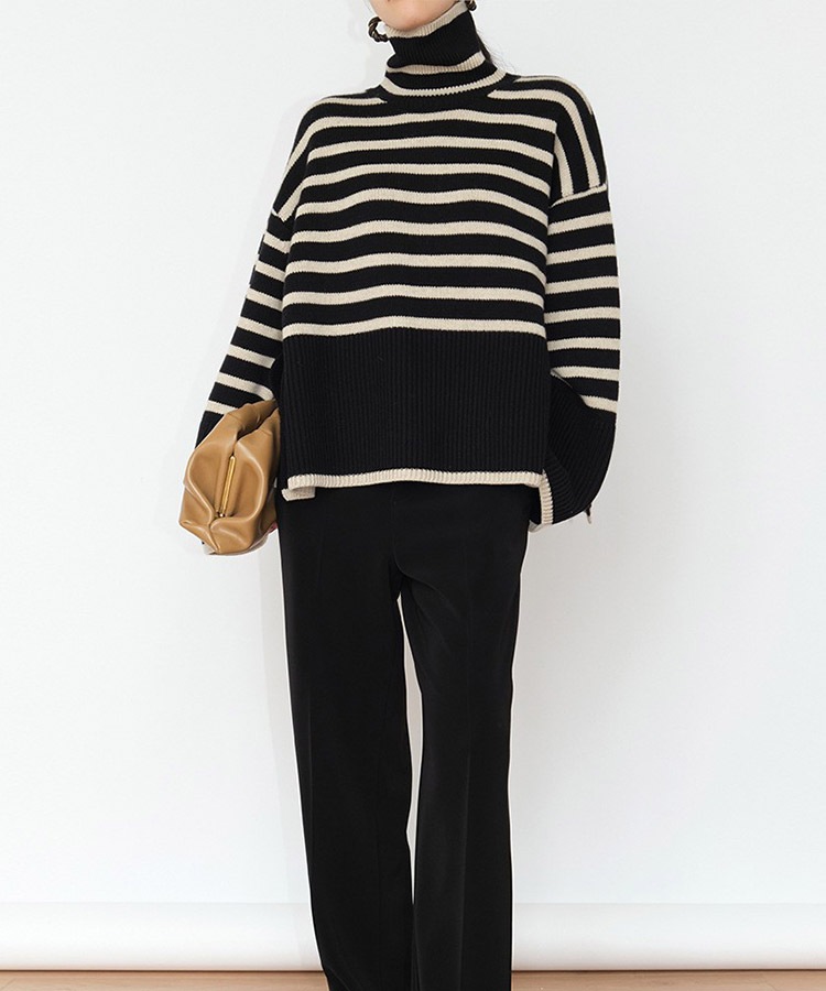 ゆったり ハイネック ボーダー ニット セーター

