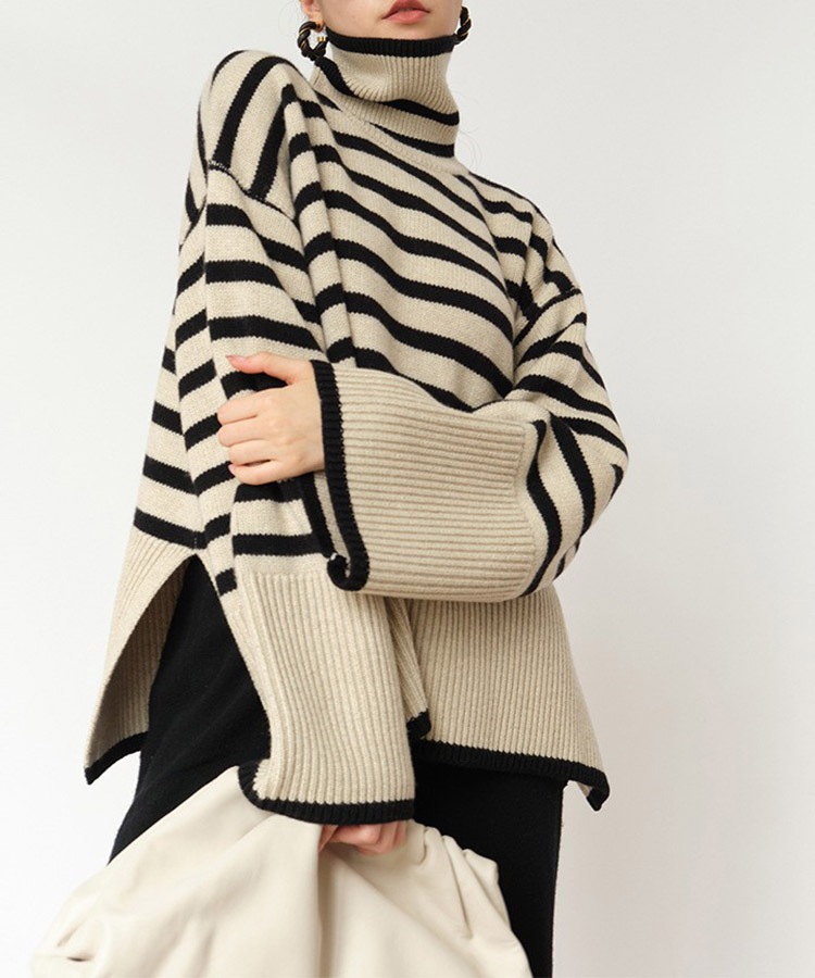 ゆったり ハイネック ボーダー ニット セーター

