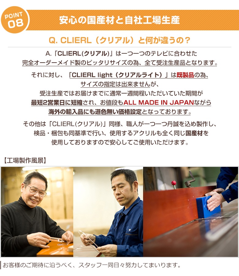 【即日発送】【国産】 液晶テレビ保護パネル 50インチ 厚3ミリ グレア仕様 UVブルーライトカット ストッパー付き 【CLIERL light（クリアルライト）】