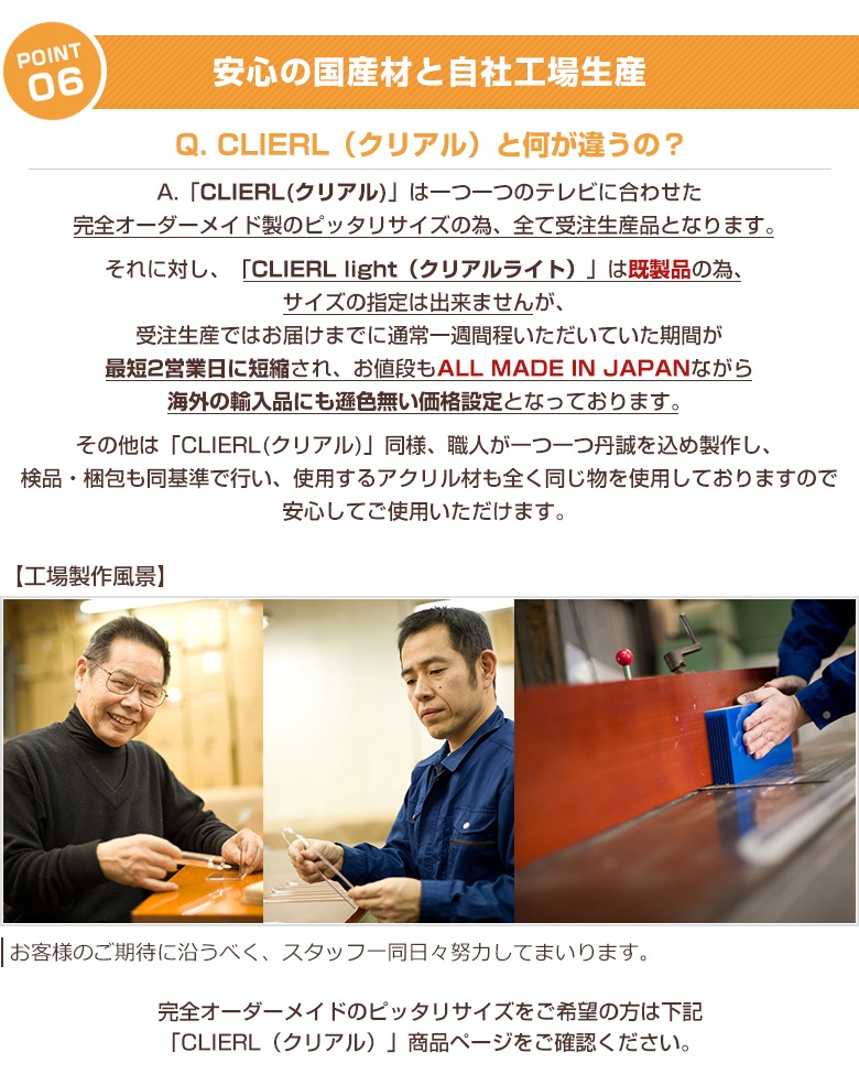 【即日発送】【国産】 液晶テレビ保護パネル 55インチ 厚3ミリ ノングレア ストッパー付き 【CLIERL light（クリアルライト）】