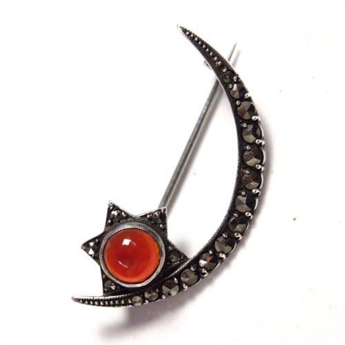 シルバー　アゲート＆マーカサイト　ムーン＆スターブローチ