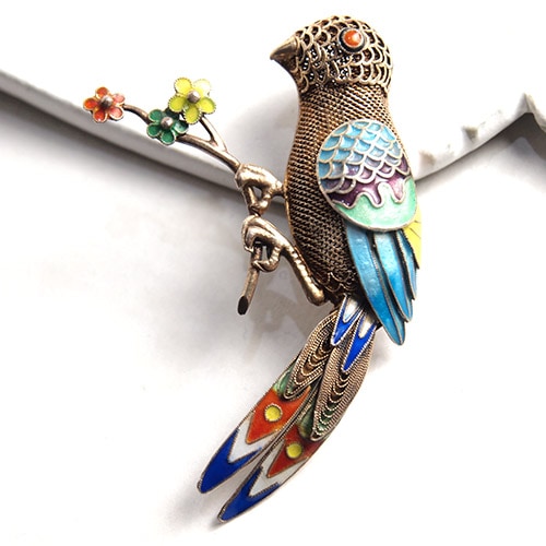 シルバー　マルチカラーエナメル　バードブローチ