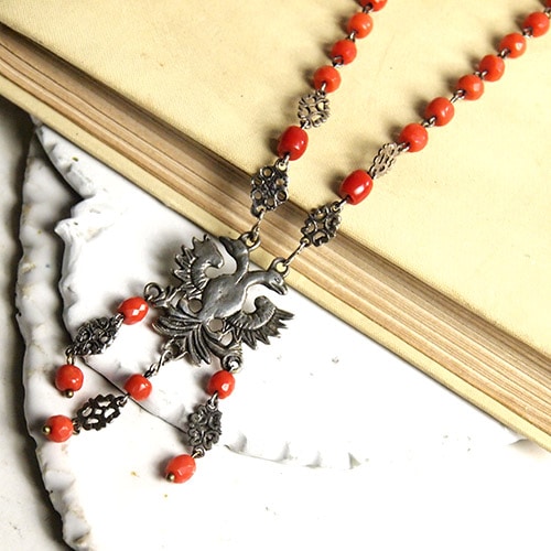 アンティークシルバー　ダブルヘッドイーグル コーラル　ネックレス