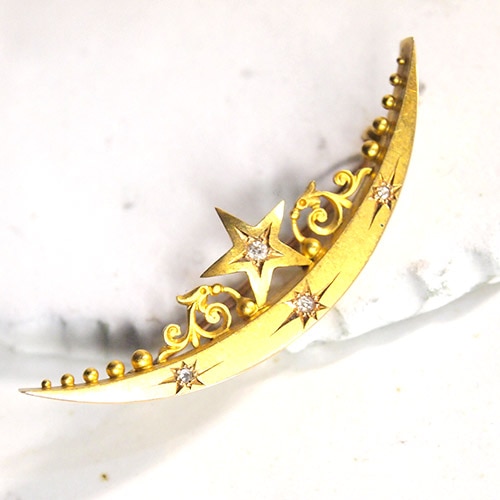 15金　ダイヤモンド　ムーン＆スター　ブローチ