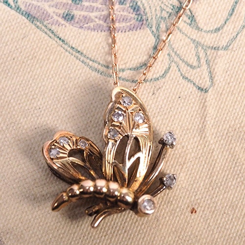 14金　ダイヤモンド　バタフライペンダント