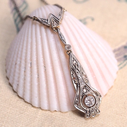 14金　ホワイトゴールド　ダイヤモンド アールデコ ネックレス（サイドチェーン）