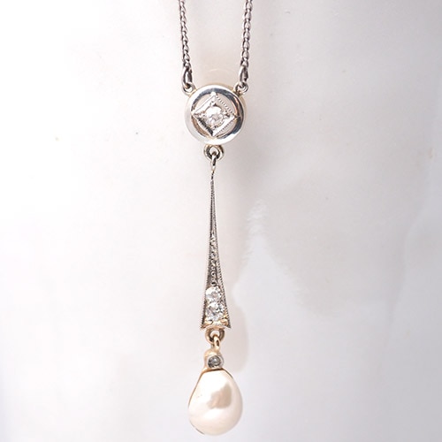 14金　バロックパール＆ダイヤモンド　アールデコネックレス（チェーン付き）