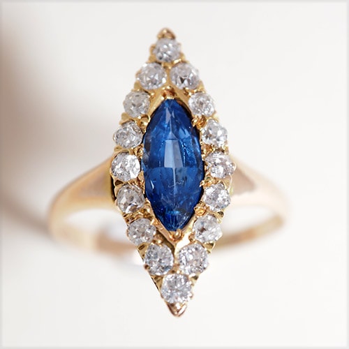 14金　ブルーサファイヤ＆ダイヤモンド　マーキースリング（アンティークジュエリー）