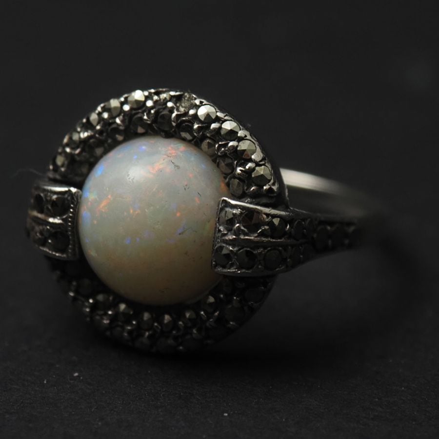 天然オパール×マーカサイト アールデコ・シルバーリング 