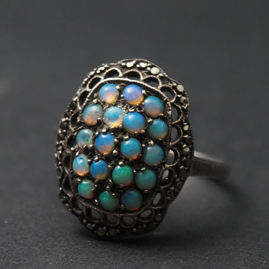 天然オパール パヴェ×マーカサイト アールデコ・シルバーリング 